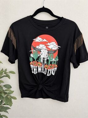Organic Generation Western Graphic Skull Cactus Fringe T-Shirt Black Size M